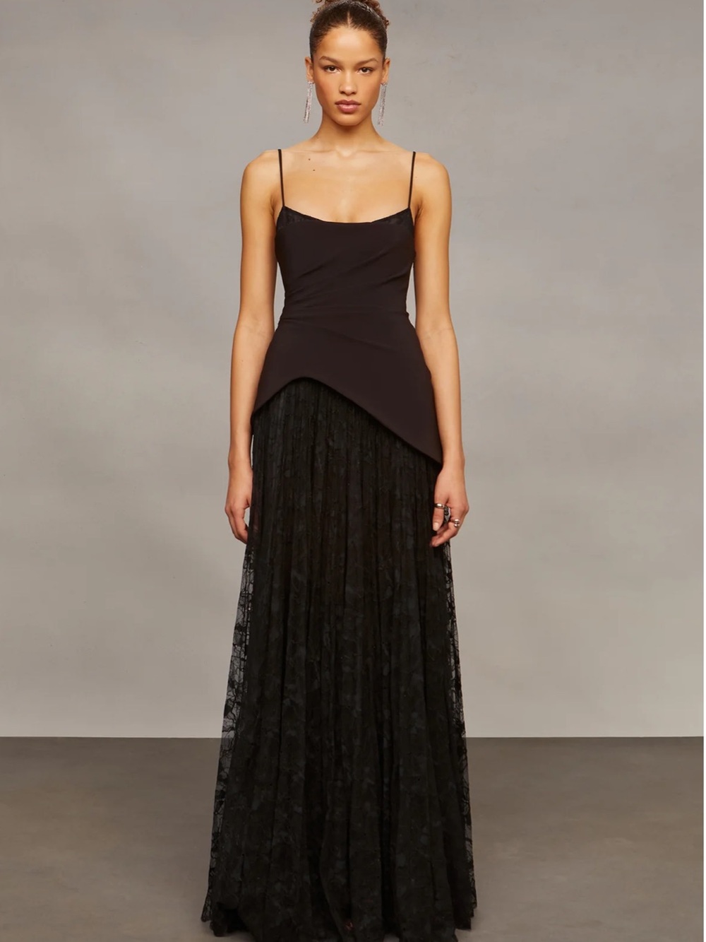 AMUR NWT Elegant Black Lace Maxi Dress with Asymmetrical Bodice